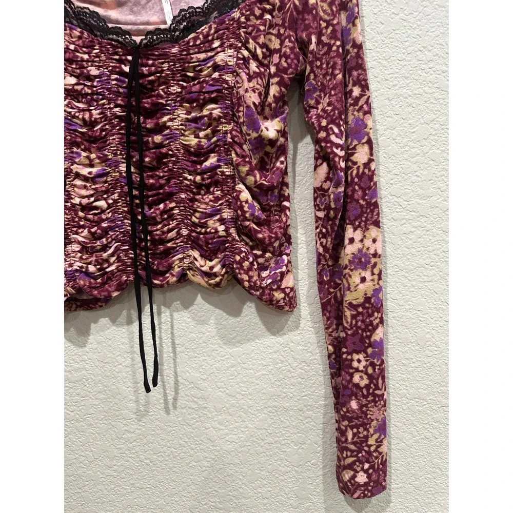 Free People Layer It On Me Long Sleeve Floral Ruched  Purple Lace Trim Large